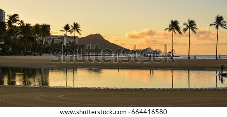 View of Diamond Head from Waikiki at dawn