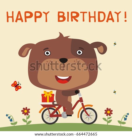 Happy birthday! Cute puppy dog rides on bike with gift. Greeting card.