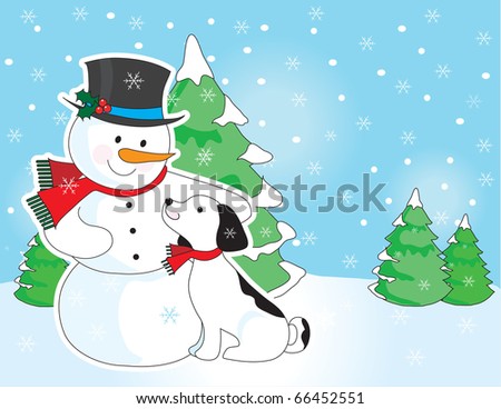 A snowman is patting on dog on the head in a snowy landscape scene