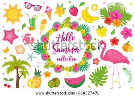 Hello summer collection of design elements,flat style. Tropical set with exotic flowers, flamingos, fruits. Beach concept kit objects, isolated on white background. Vector illustration, clip-art