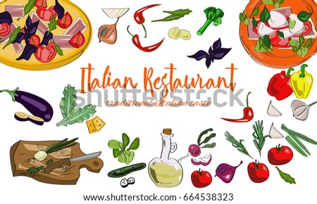 Hand drawn Italian restaurant background with dishes and drawn vegetables.