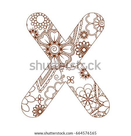 Adult coloring page with letter X of the alphabet. Ornamental font