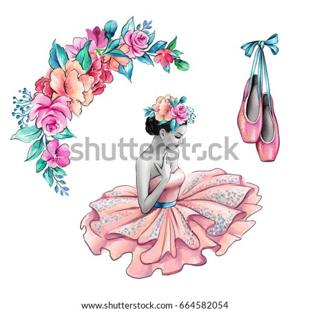 watercolor illustration, ballerina in pink dress, flowers, shoes, retro fashion accessories isolated on white background