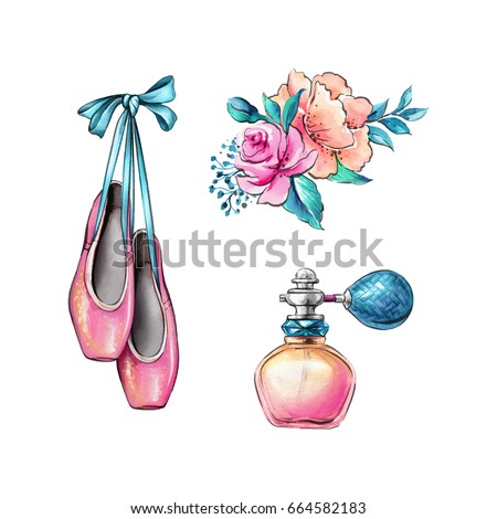 watercolor illustration, ballerina shoes, flowers, fragrance jar, retro fashion accessories isolated on white background