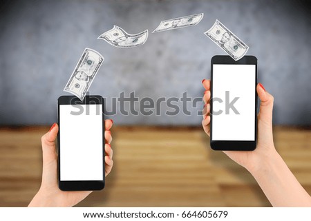 Mobile banking with woman hand ordering money transfer with smartphone