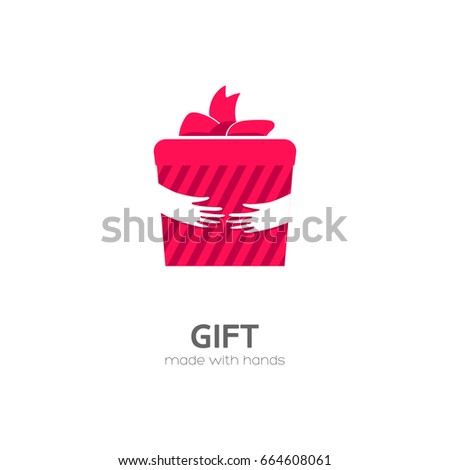 Gift box in hands flat vector icon. Gift shop logo.
