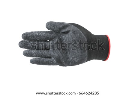 Black and gray glove showing palm sign symbol isolated on white background