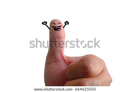 Thumbs up with cartoon face happy and hands up
