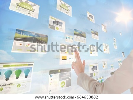 Digital composite of panels with websites(green) sky background, only with hand