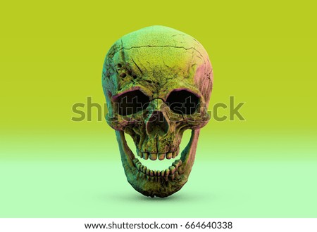 Human Scary Skull Locally Deformed in Rich colors in to the green background. Concept of death, horror. Spooky halloween symbol. Illustration of 3D rendering.