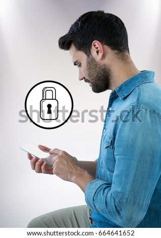 Digital composite of Man with glass device and white lock graphic against white background