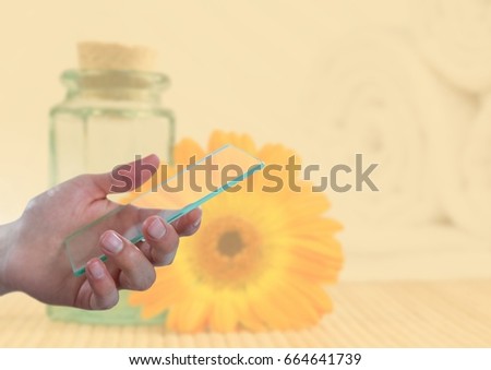 Digital composite of Hand holding glass screen next to sunflower and jar