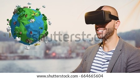 Digital composite of Smiling man looking at low poly on VR glasses