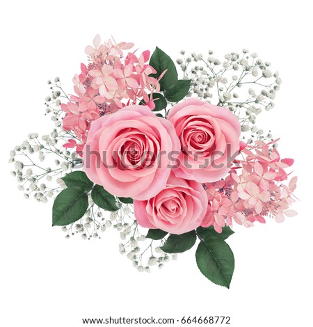 Flower arrangement with pink roses and hydrangea isolated on white.
