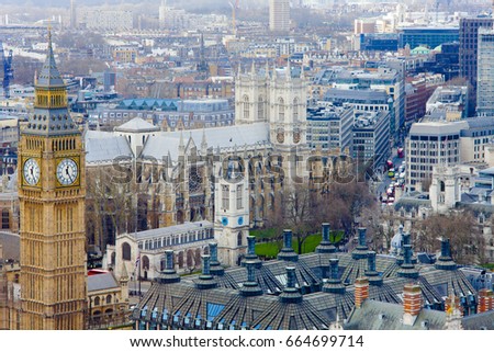 Big Ben and London old city center, United Kingdom. Aerial view           