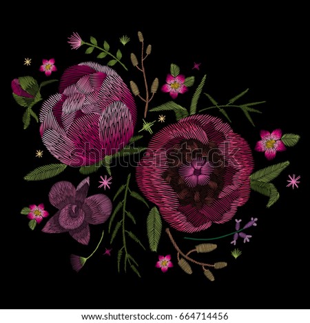 Set of Peony. Traditional folk stylish stylish floral embroidery on the black background. Sketch for printing on clothing, fabric, masks, accessories and design. Trend vector
