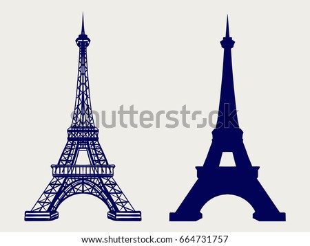 Eiffel tower silhouette and hand sketched icons. Vector symbols of Paris Royalty-Free Stock Photo #664731757