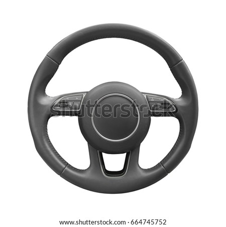 Steering wheel driver of prestige modern car isolated on white Royalty-Free Stock Photo #664745752