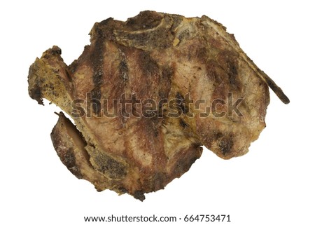 Grilled seasoned Veal steak with bone on white background. Isolated, narrow Aperture shot especially for texture use. Left side.