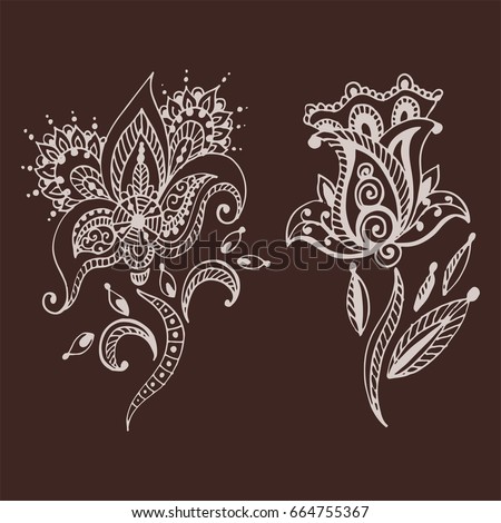 Henna tattoo brown mehndi flower doodle ornamental decorative indian design pattern paisley arabesque mhendi embellishment vector.