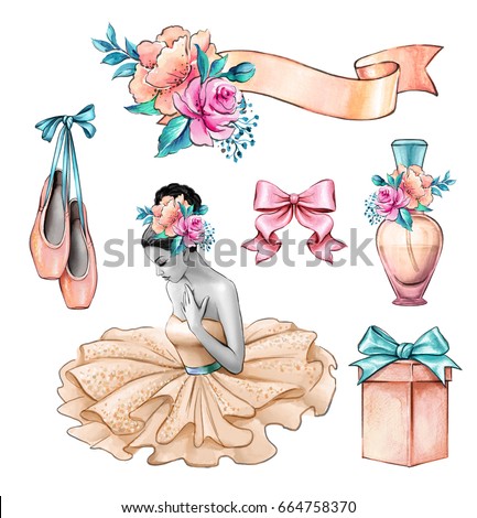 watercolor illustration, ballerina, beautiful lady portrait, flowers, gift box, wedding invitation, design elements set, fashion accessories isolated on white background
