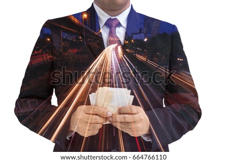 double exposure businessman count and hold money and light tail cityscape - can use to display or montage on product