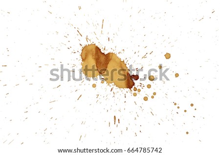 Photo image of brown grunge coffee stain isolated on white background, drop of liquid splash on paper, abstract scattered pattern
