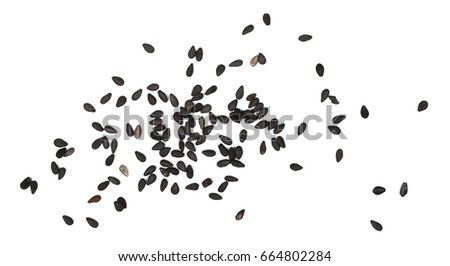Black organic sesame seeds isolated on white background, top view Royalty-Free Stock Photo #664802284