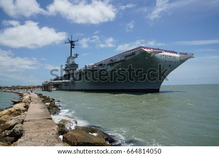 USS Lexington aka The Blue Ghost Essex-class aircraft carrier built during World War II for the United States Navy. Located in Corpus Christi, Texas. Royalty-Free Stock Photo #664814050