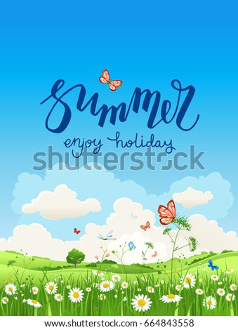 Summer or spring landscape for design banner, ticket, leaflet, card, poster and so on. Green grass and flowers scenery.