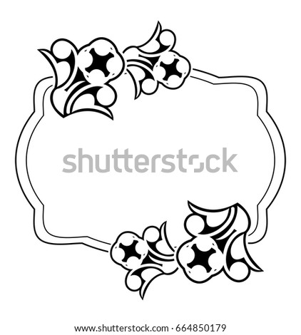 Black and white silhouette frame with decorative flowers. Vector clip art.