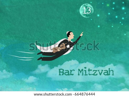 Watercolor and rasterized Illustration of a Jewish boy flying towards the stars and the moon holding torah scrolls for a Jewish Bar Mitzvah ceremony. Copy space for your own text