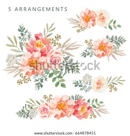 Set of the floral arrangements. Pink roses and peonies with green leaves. Vector romantic garden flowers. 
