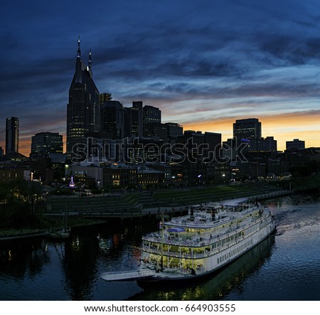 Nashville  Skyline with General Jackson Showboat at Dusk Royalty-Free Stock Photo #664903555