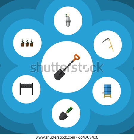 Flat Icon Farm Set Of Barbecue, Trowel, Spade And Other Vector Objects. Also Includes Tank, Botany, Brazier Elements.