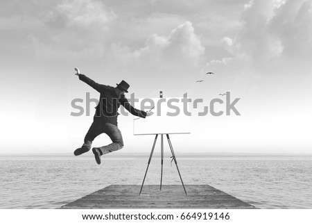 surreal black and white art painter drawing on a canvas Royalty-Free Stock Photo #664919146