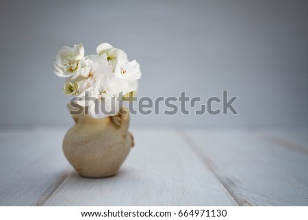 White flowers in stylish vintage vase on white background made of wooden planks. Beautiful fantasy romantic minimalist still life. Space for text