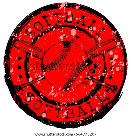 Abstract vector illustration black and red stamp with baseball ball and crossed bats. Inscription in circle softball. Design for tattoo or print t-shirt.