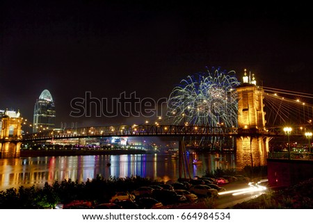 Fireworks in Cincinnati, OH along the Ohio River