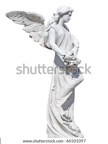 Statue of an angel with flowers isolated on white with clipping path