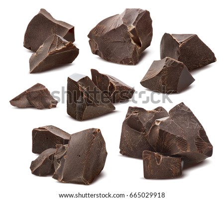 Broken chocolate pieces set isolated on white background as package design elements  Royalty-Free Stock Photo #665029918