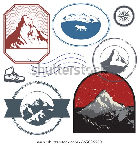 Retro post stamps or badges set with the mountains. Outdoor expedition, mountain adventure signs or symbols, vector illustration