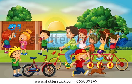 Road scene with kids and family riding bikes illustration