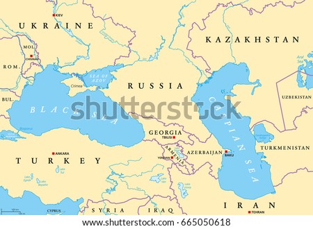 Black Sea and Caspian Sea region political map with capitals, international borders, rivers and lakes. Bodies of water between Eastern Europe and Western Asia. Illustration. English labeling. Vector. Royalty-Free Stock Photo #665050618