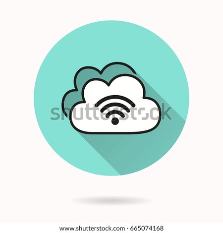 Cloud computing vector icon with long shadow. White illustration for graphic and web design. Circle buttons.