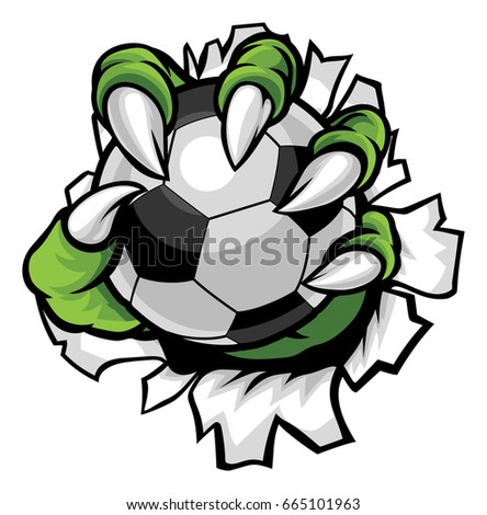 A monster or animal claw holding a soccer football ball and breaking through the background