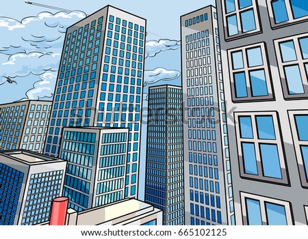 City background scene in a cartoon popart comicbook style with skyscraper buildings 