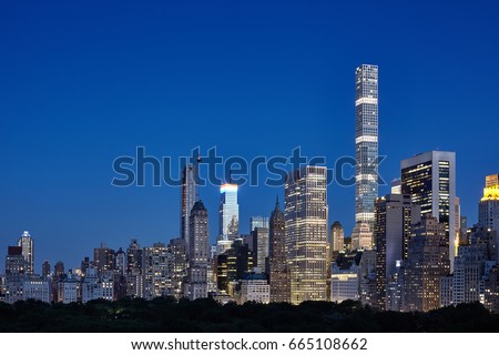 Manhattan seen over Central Park at nightfall, Upper East Side, New York City, USA.