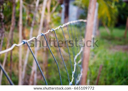 Metal fence wire and green grass