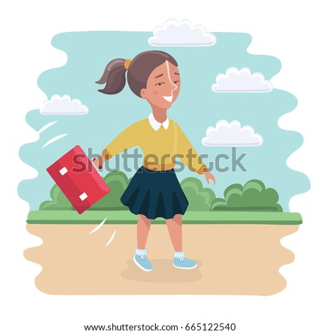 Cute girl with backpacks go to school in the park landscape